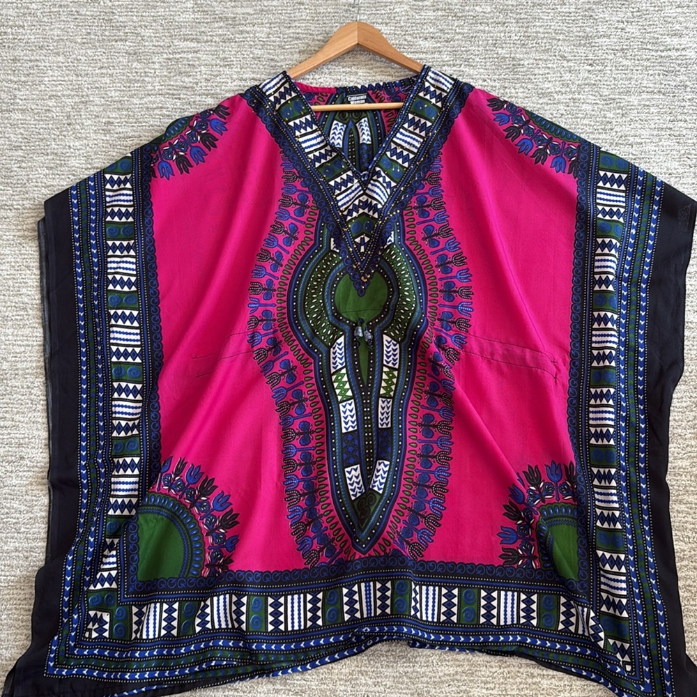 California Woman Aztec Border Patterned Caftan Beach Cover Up Drawstring Waist - Picture 9 of 13